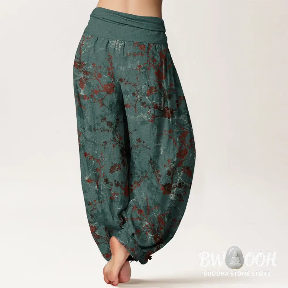 Buddha Stones Pure Cotton Blooming Flowers Branches Leaves Women’s Elastic Waist Harem Pants - Women’s Harem Pants