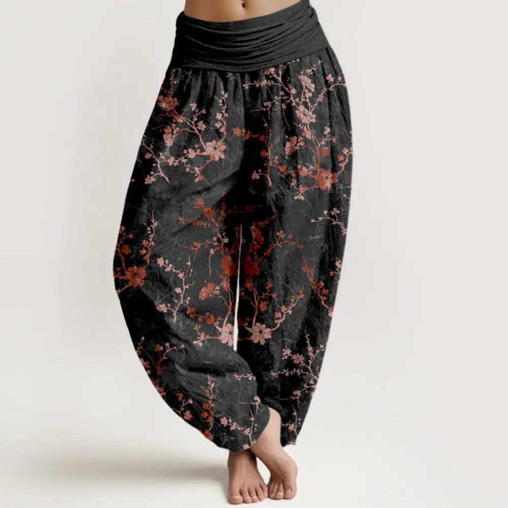 Buddha Stones Pure Cotton Blooming Flowers Branches Leaves Women’s Elastic Waist Harem Pants - Black / US2，UK/AU6，EU34