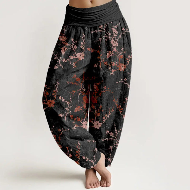Buddha Stones Pure Cotton Blooming Flowers Branches Leaves Women’s Elastic Waist Harem Pants - Black / US2，UK/AU6，EU34