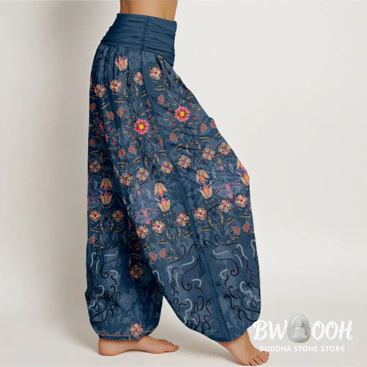 Buddha Stones Pure Cotton Blooming Multicolored Floral Women’s Elastic Waist Harem Pants - Women’s Harem Pants