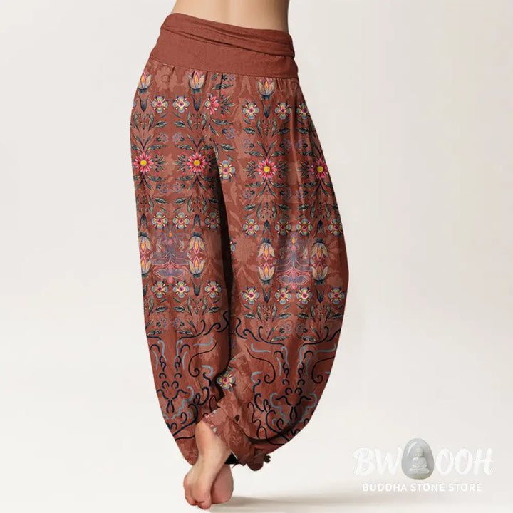 Buddha Stones Pure Cotton Blooming Multicolored Floral Women’s Elastic Waist Harem Pants - Women’s Harem Pants