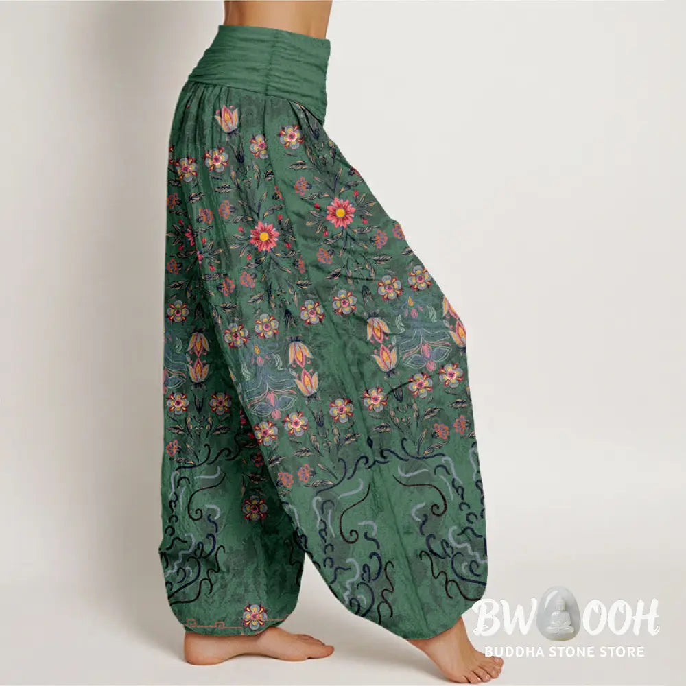 Buddha Stones Pure Cotton Blooming Multicolored Floral Women’s Elastic Waist Harem Pants - Women’s Harem Pants