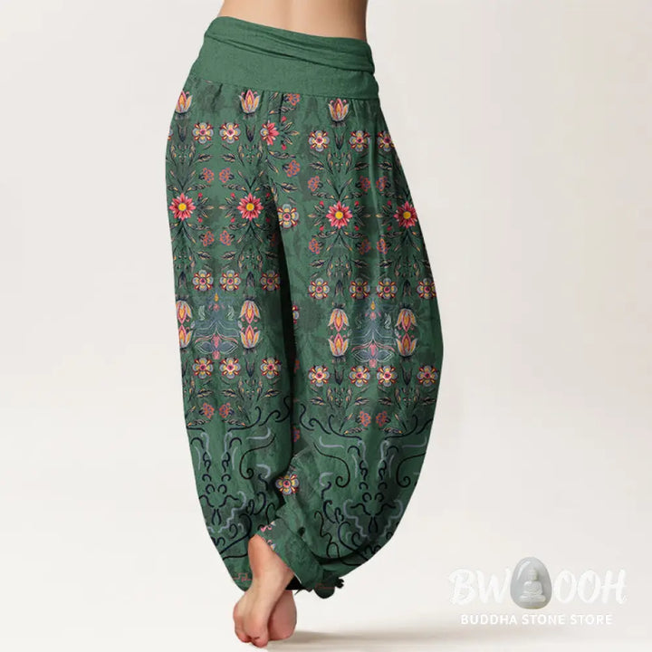 Buddha Stones Pure Cotton Blooming Multicolored Floral Women’s Elastic Waist Harem Pants - Women’s Harem Pants