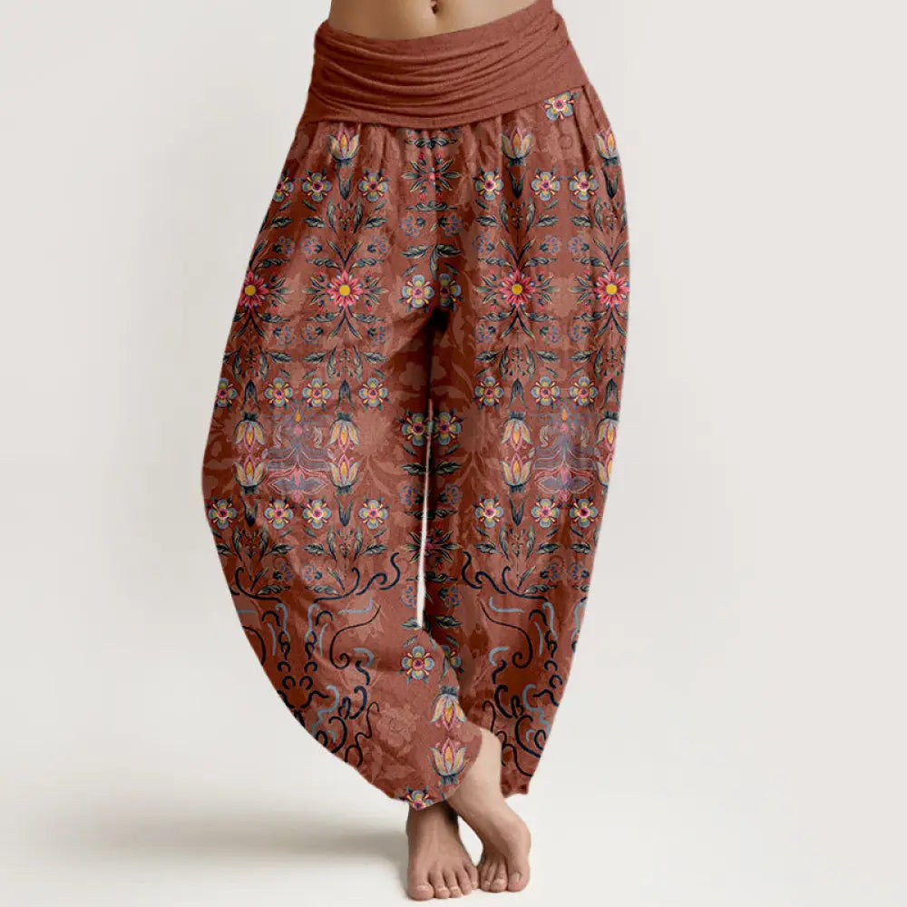 Buddha Stones Pure Cotton Blooming Multicolored Floral Women’s Elastic Waist Harem Pants - Salmon / US2，UK/AU6，EU34