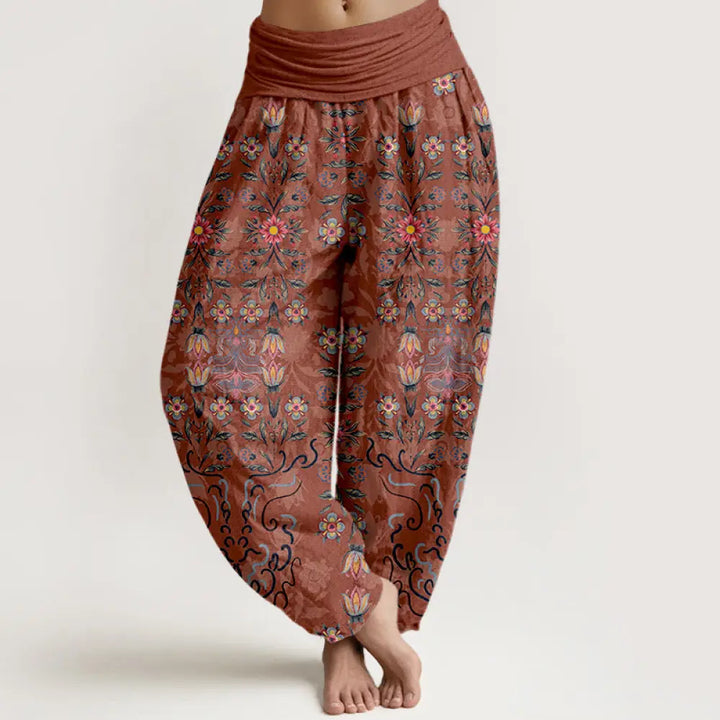 Buddha Stones Pure Cotton Blooming Multicolored Floral Women’s Elastic Waist Harem Pants - Salmon / US2，UK/AU6，EU34
