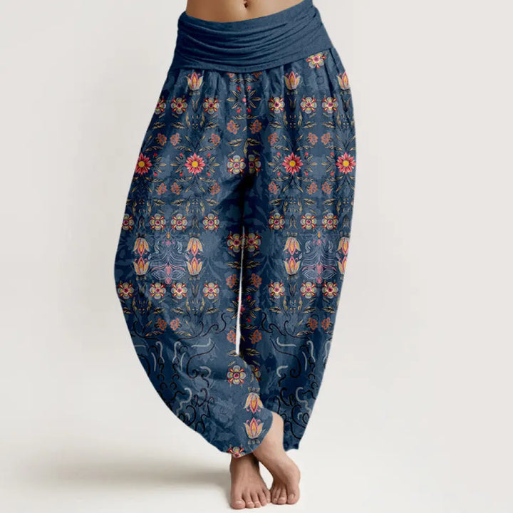 Buddha Stones Pure Cotton Blooming Multicolored Floral Women’s Elastic Waist Harem Pants - SteelBlue / US2，UK/AU6，EU34