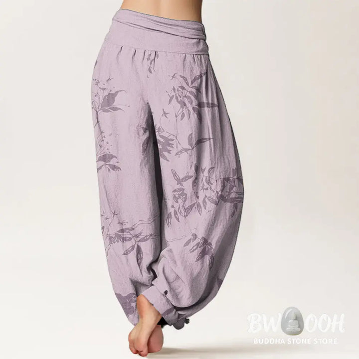 Buddha Stones Pure Cotton Branch Pattern Women’s Elastic Waist Harem Pants - Women’s Harem Pants