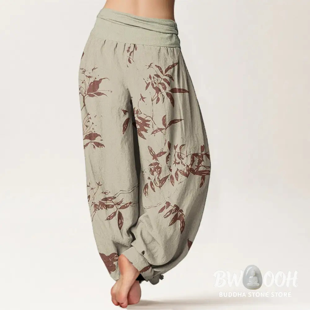 Buddha Stones Pure Cotton Branch Pattern Women’s Elastic Waist Harem Pants - Women’s Harem Pants