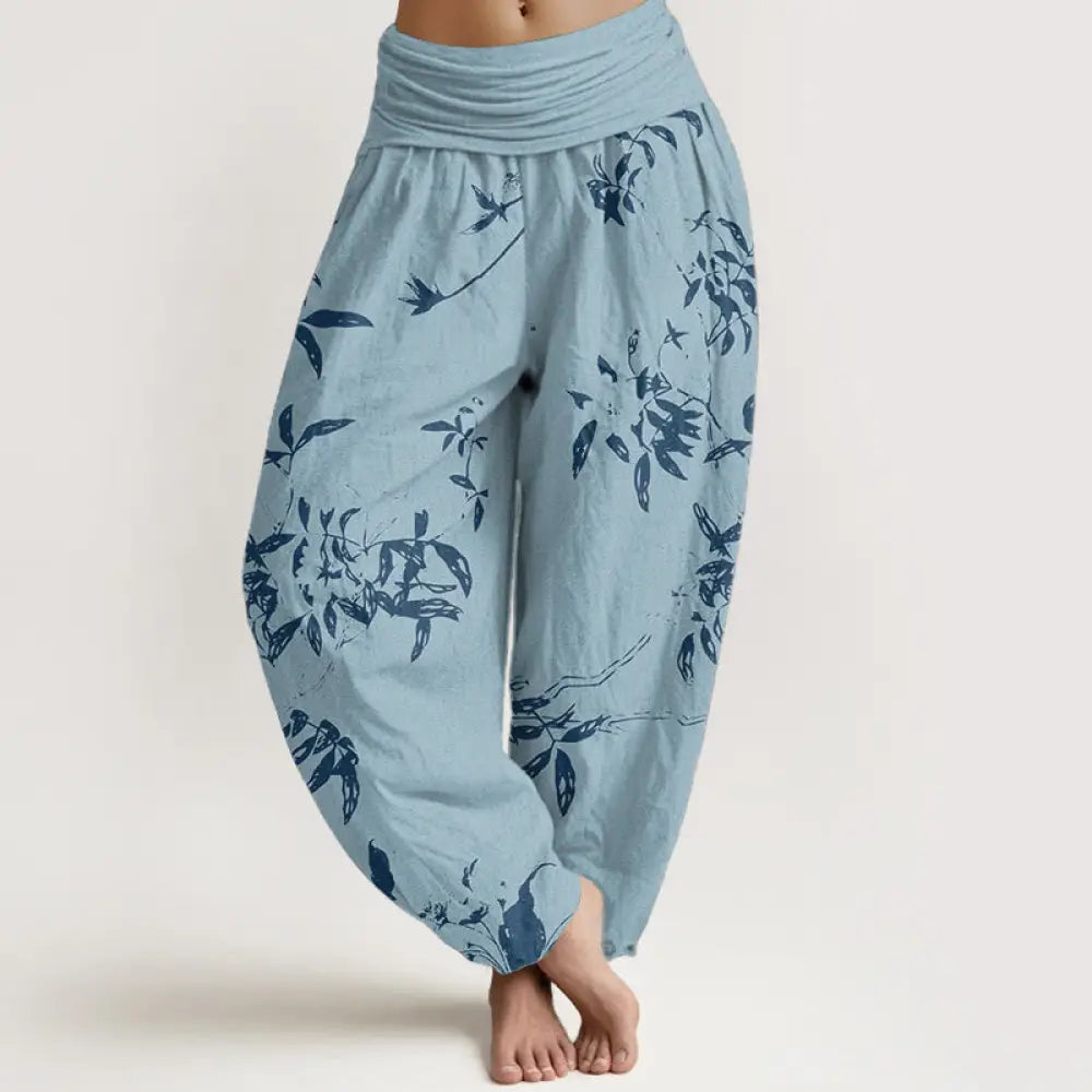 Buddha Stones Pure Cotton Branch Pattern Women’s Elastic Waist Harem Pants - DeepSkyBlue / US2，UK/AU6，EU34 (XS)