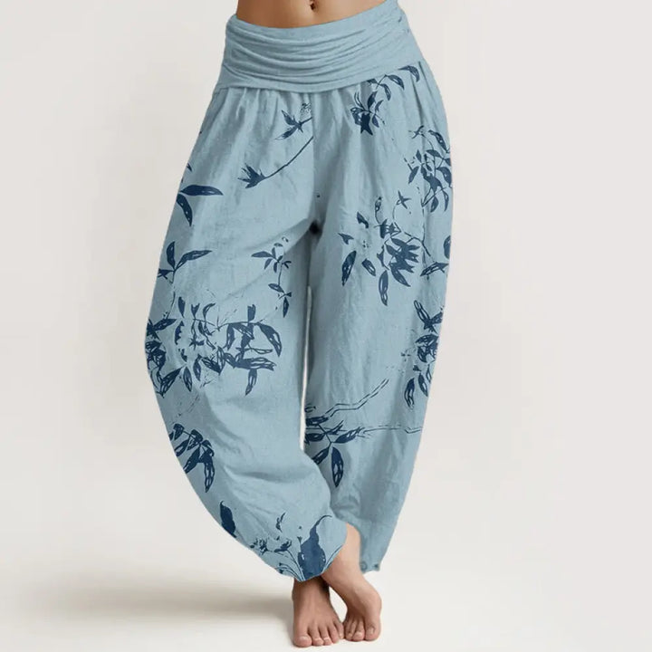 Buddha Stones Pure Cotton Branch Pattern Women’s Elastic Waist Harem Pants - DeepSkyBlue / US2，UK/AU6，EU34 (XS)