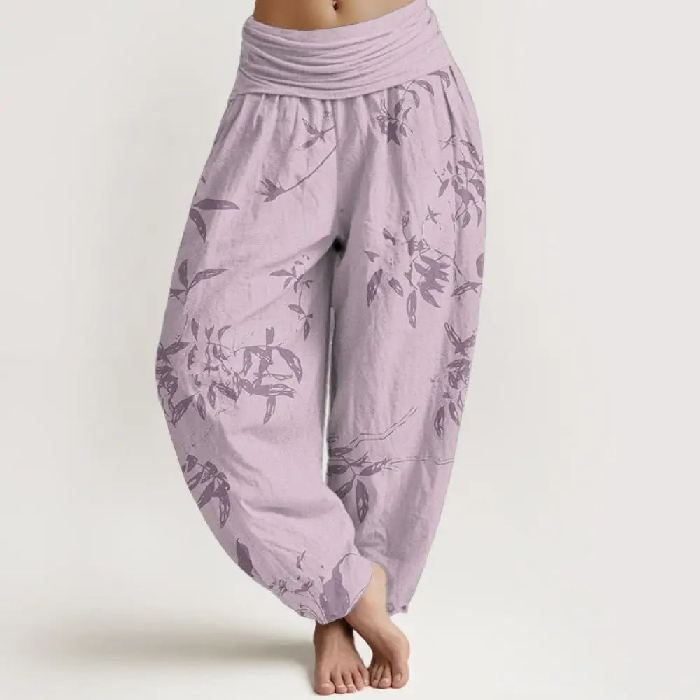 Buddha Stones Pure Cotton Branch Pattern Women’s Elastic Waist Harem Pants - Pink / US2，UK/AU6，EU34 (XS) - Women’s