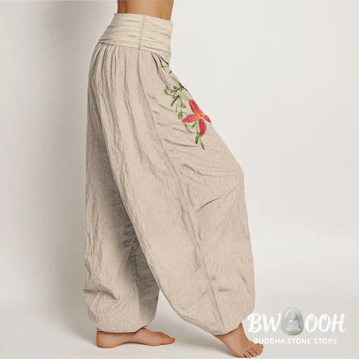 Buddha Stones Pure Cotton Brightly Colored Lilies Five-Petaled Flower Pattern Women’s Elastic Waist Harem Pants