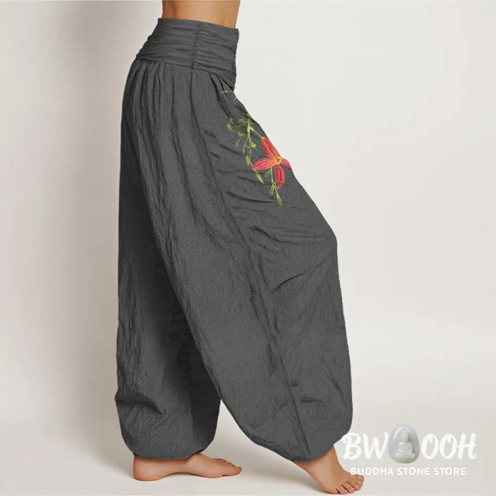 Buddha Stones Pure Cotton Brightly Colored Lilies Five-Petaled Flower Pattern Women’s Elastic Waist Harem Pants