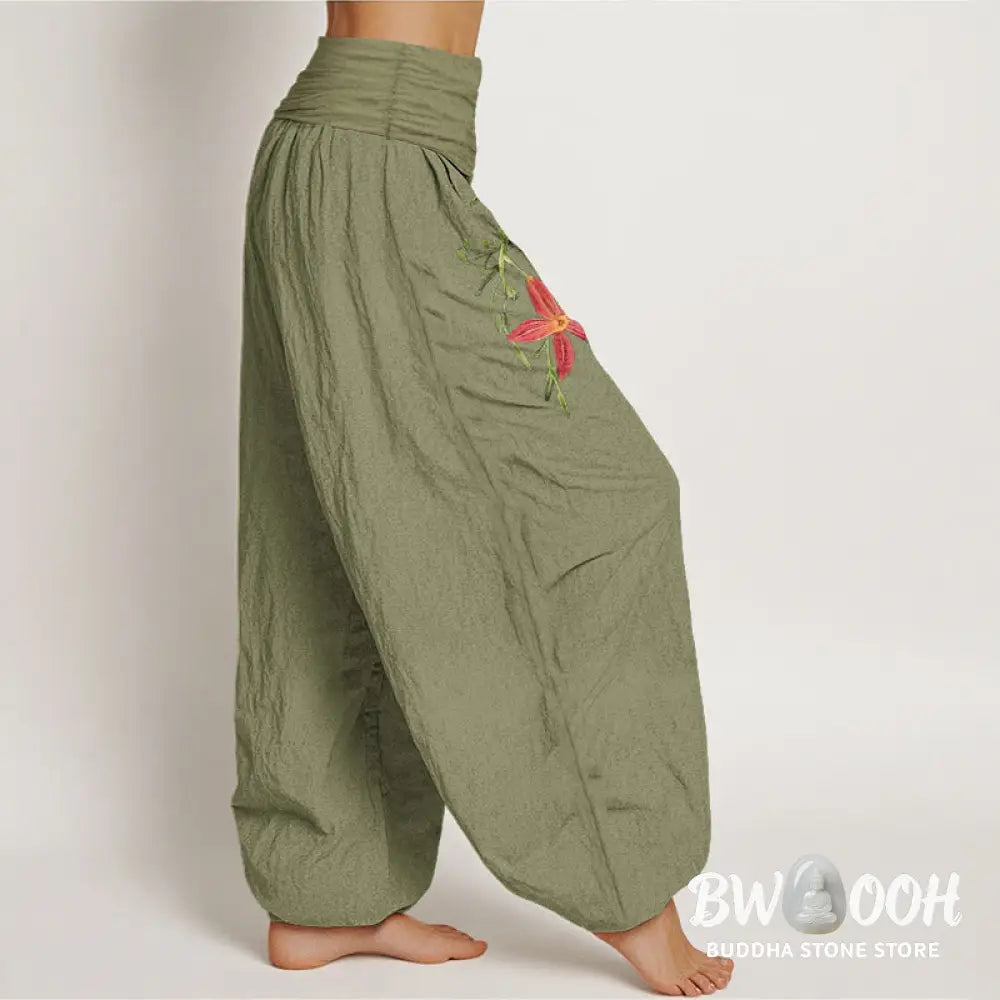 Buddha Stones Pure Cotton Brightly Colored Lilies Five-Petaled Flower Pattern Women’s Elastic Waist Harem Pants