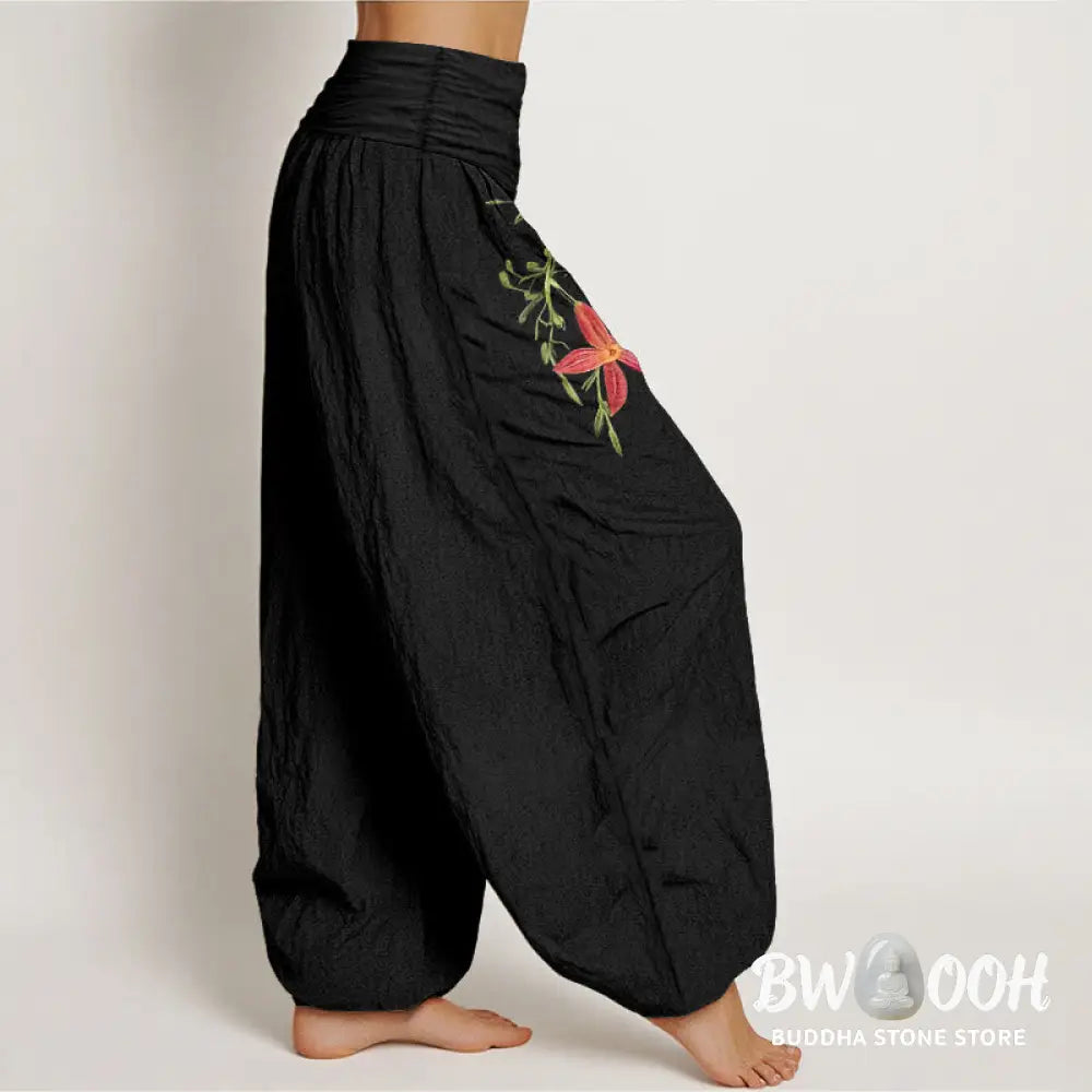 Buddha Stones Pure Cotton Brightly Colored Lilies Five-Petaled Flower Pattern Women’s Elastic Waist Harem Pants