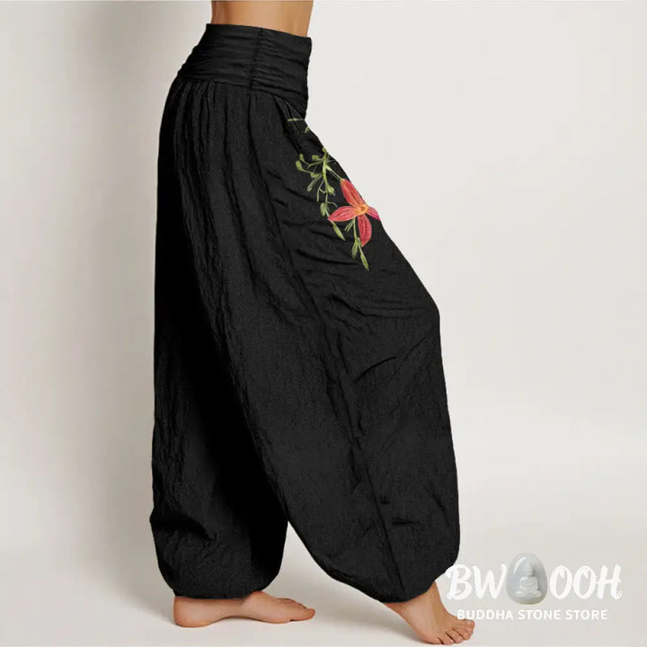 Buddha Stones Pure Cotton Brightly Colored Lilies Five-Petaled Flower Pattern Women’s Elastic Waist Harem Pants