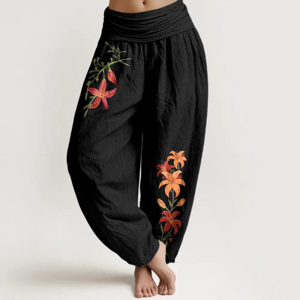 Buddha Stones Pure Cotton Brightly Colored Lilies Five-Petaled Flower Pattern Women’s Elastic Waist Harem Pants - Black