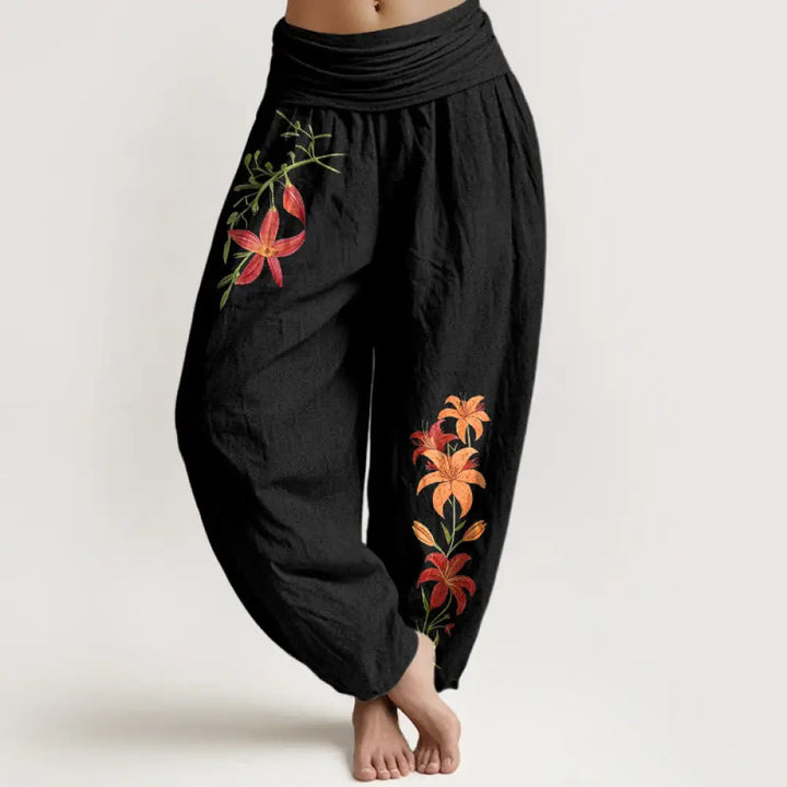 Buddha Stones Pure Cotton Brightly Colored Lilies Five-Petaled Flower Pattern Women’s Elastic Waist Harem Pants - Black