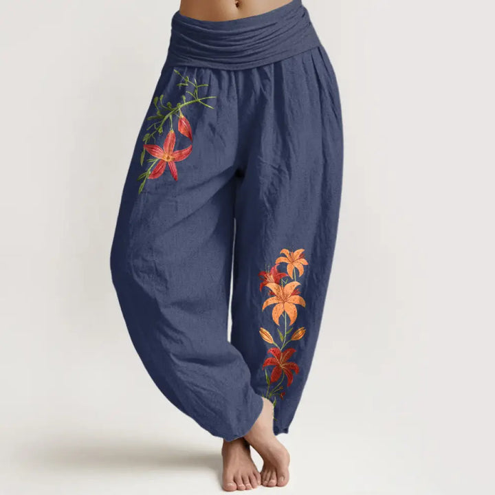 Buddha Stones Pure Cotton Brightly Colored Lilies Five-Petaled Flower Pattern Women’s Elastic Waist Harem Pants
