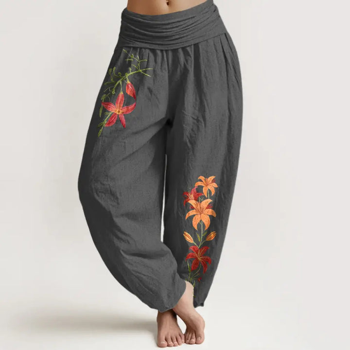 Buddha Stones Pure Cotton Brightly Colored Lilies Five-Petaled Flower Pattern Women’s Elastic Waist Harem Pants