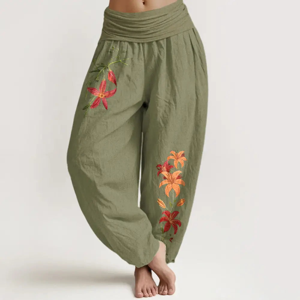 Buddha Stones Pure Cotton Brightly Colored Lilies Five-Petaled Flower Pattern Women’s Elastic Waist Harem Pants