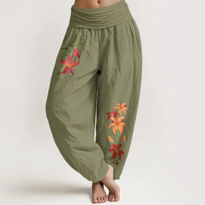 Buddha Stones Pure Cotton Brightly Colored Lilies Five-Petaled Flower Pattern Women’s Elastic Waist Harem Pants
