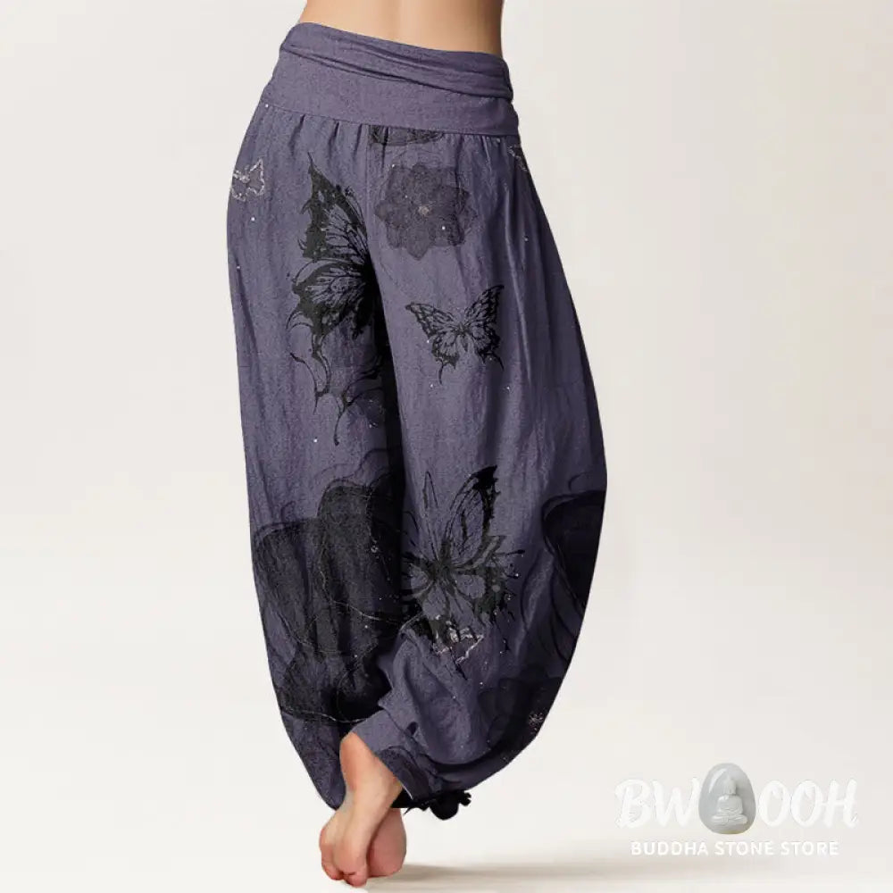 Buddha Stones Pure Cotton Butterfly Flowers Pattern Women’s Elastic Waist Harem Pants - Women’s Harem Pants