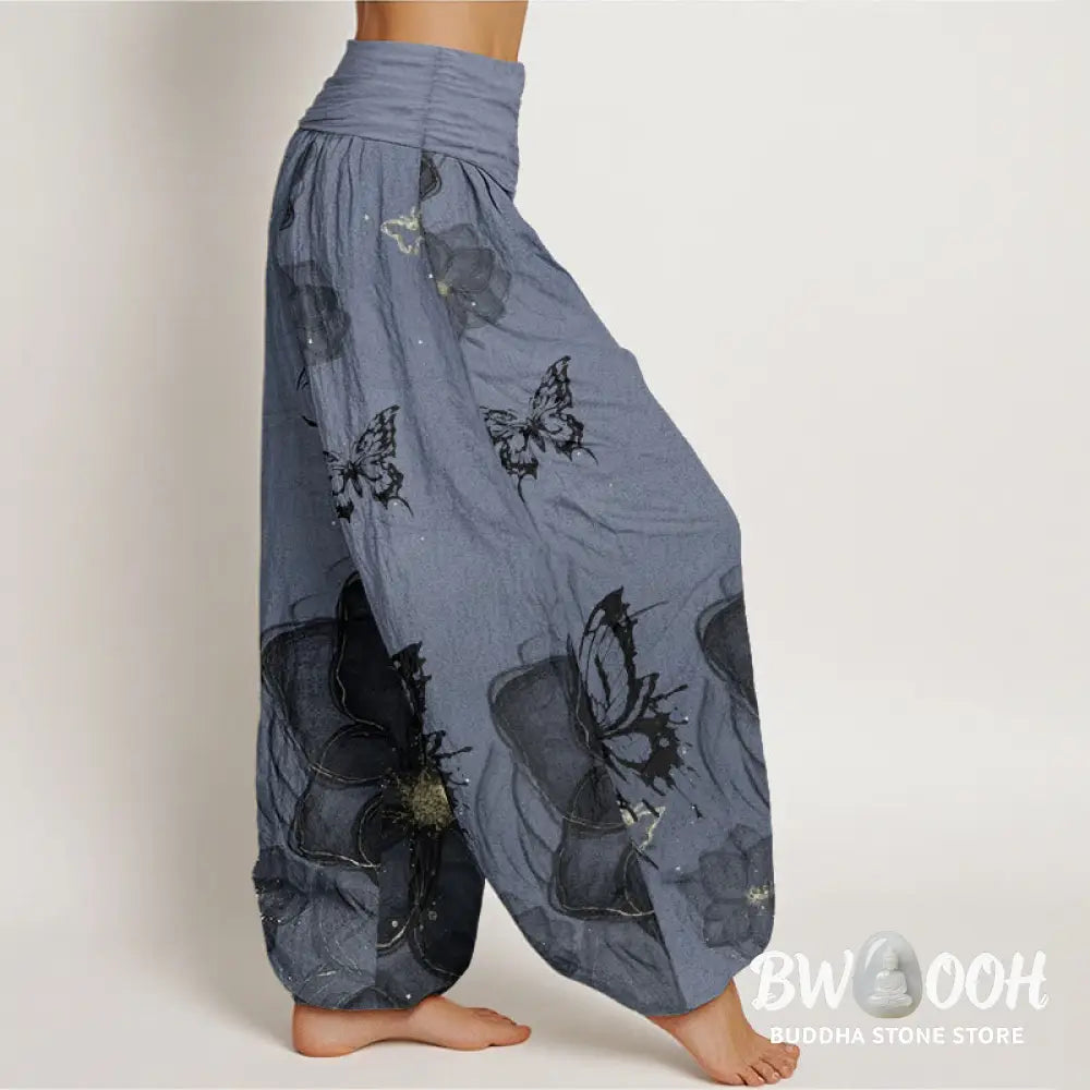 Buddha Stones Pure Cotton Butterfly Flowers Pattern Women’s Elastic Waist Harem Pants - Women’s Harem Pants