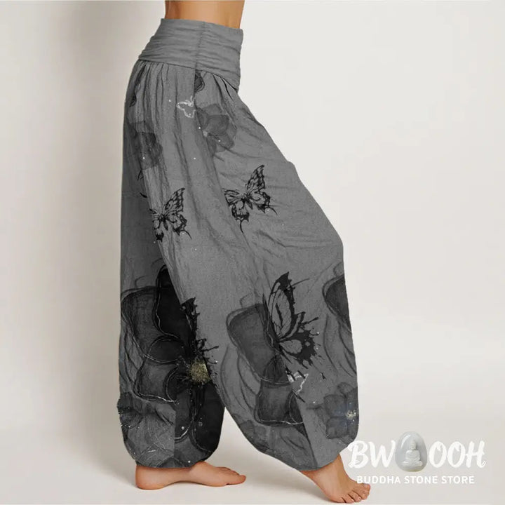 Buddha Stones Pure Cotton Butterfly Flowers Pattern Women’s Elastic Waist Harem Pants - Women’s Harem Pants