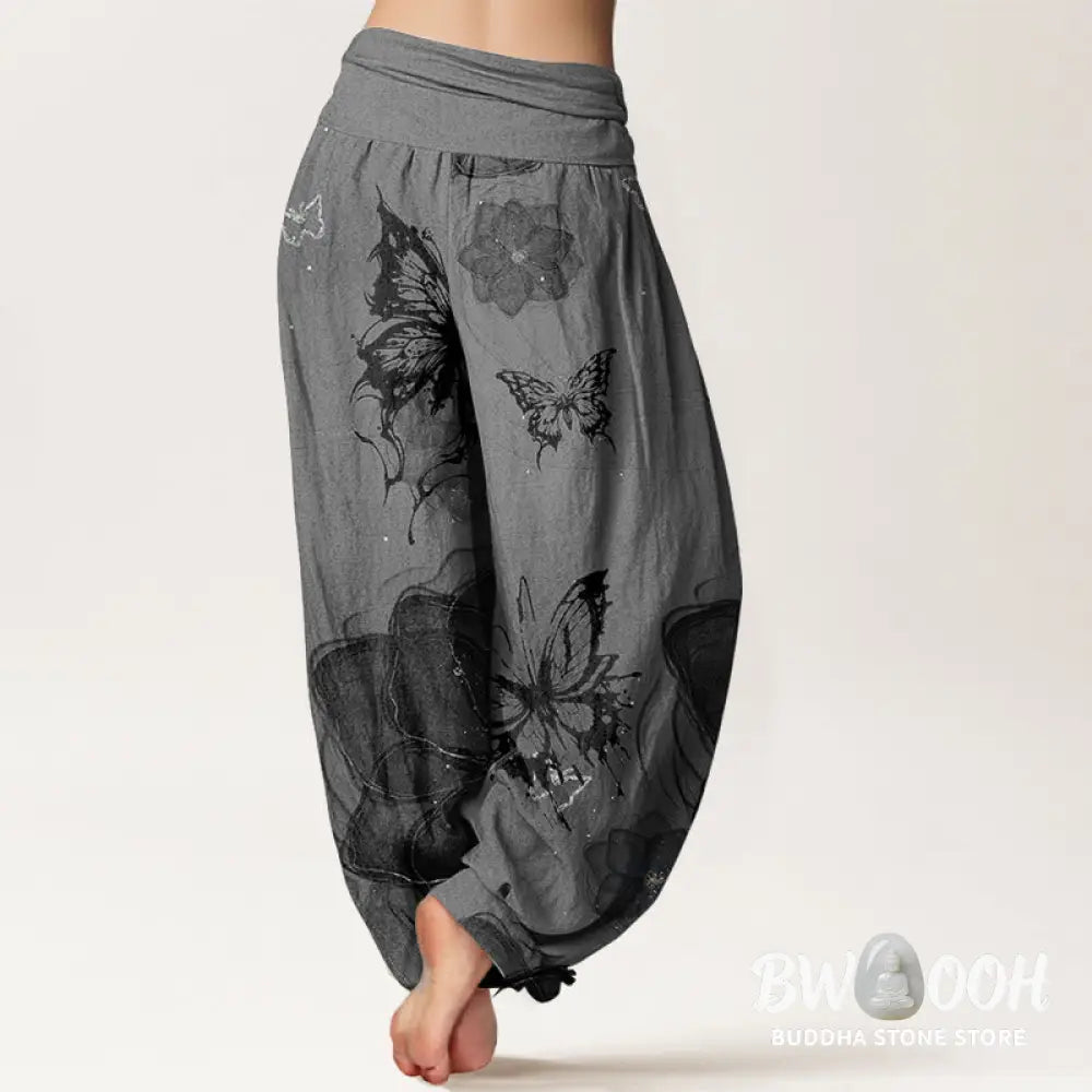 Buddha Stones Pure Cotton Butterfly Flowers Pattern Women’s Elastic Waist Harem Pants - Women’s Harem Pants