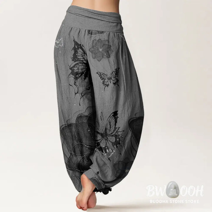 Buddha Stones Pure Cotton Butterfly Flowers Pattern Women’s Elastic Waist Harem Pants - Women’s Harem Pants