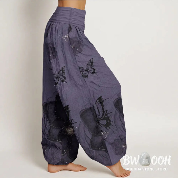 Buddha Stones Pure Cotton Butterfly Flowers Pattern Women’s Elastic Waist Harem Pants - Women’s Harem Pants