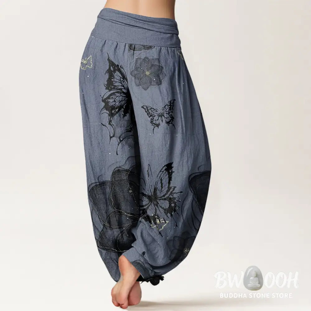 Buddha Stones Pure Cotton Butterfly Flowers Pattern Women’s Elastic Waist Harem Pants - Women’s Harem Pants