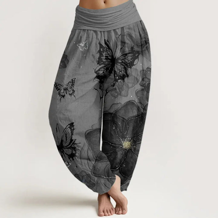 Buddha Stones Pure Cotton Butterfly Flowers Pattern Women’s Elastic Waist Harem Pants - Gray / US2，UK/AU6，EU34 (XS)