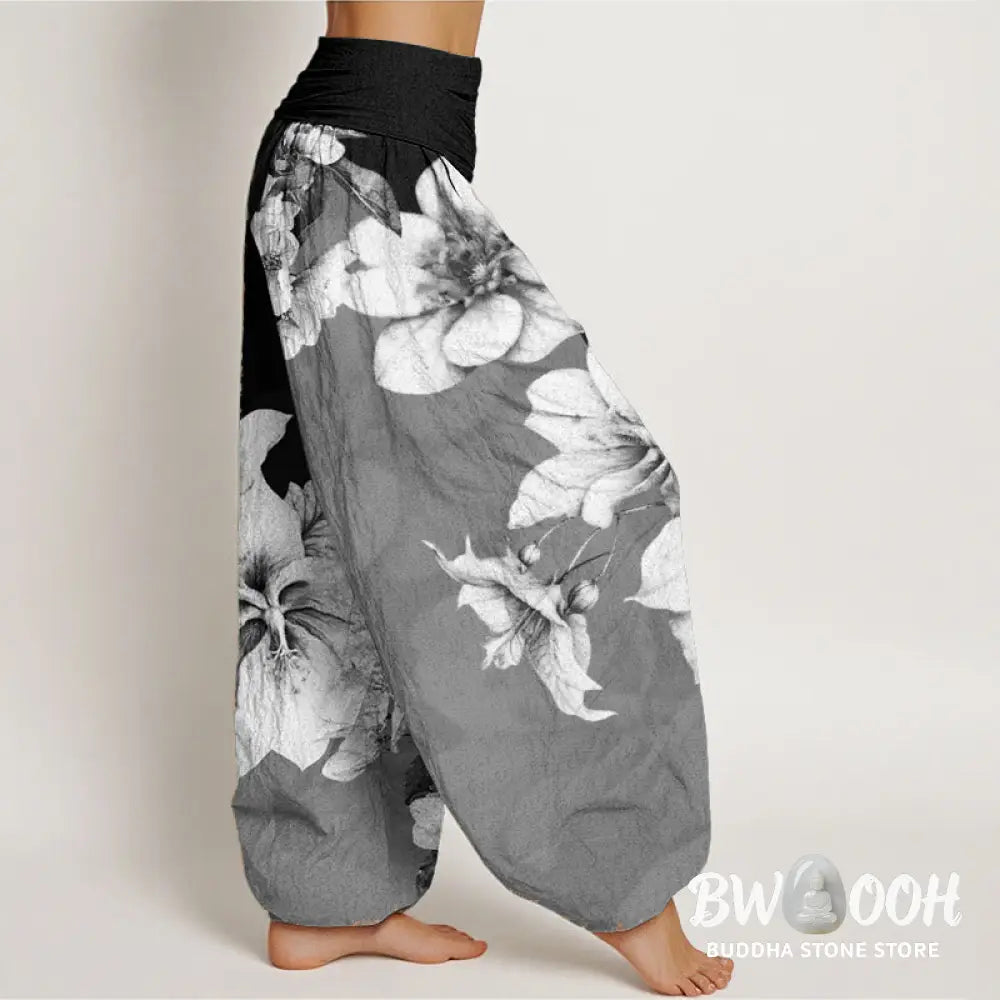 Buddha Stones Pure Cotton Camellia Pattern Women’s Elastic Waist Harem Pants - Women’s Harem Pants