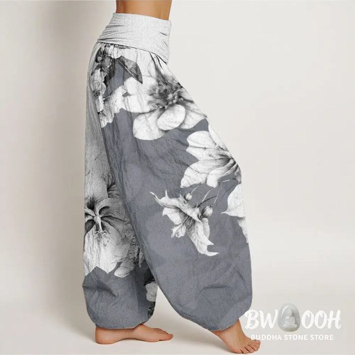 Buddha Stones Pure Cotton Camellia Pattern Women’s Elastic Waist Harem Pants - Women’s Harem Pants