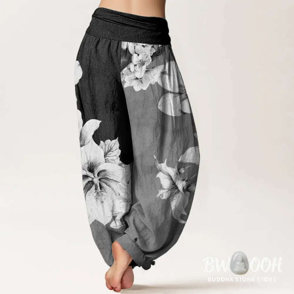 Buddha Stones Pure Cotton Camellia Pattern Women’s Elastic Waist Harem Pants - Women’s Harem Pants