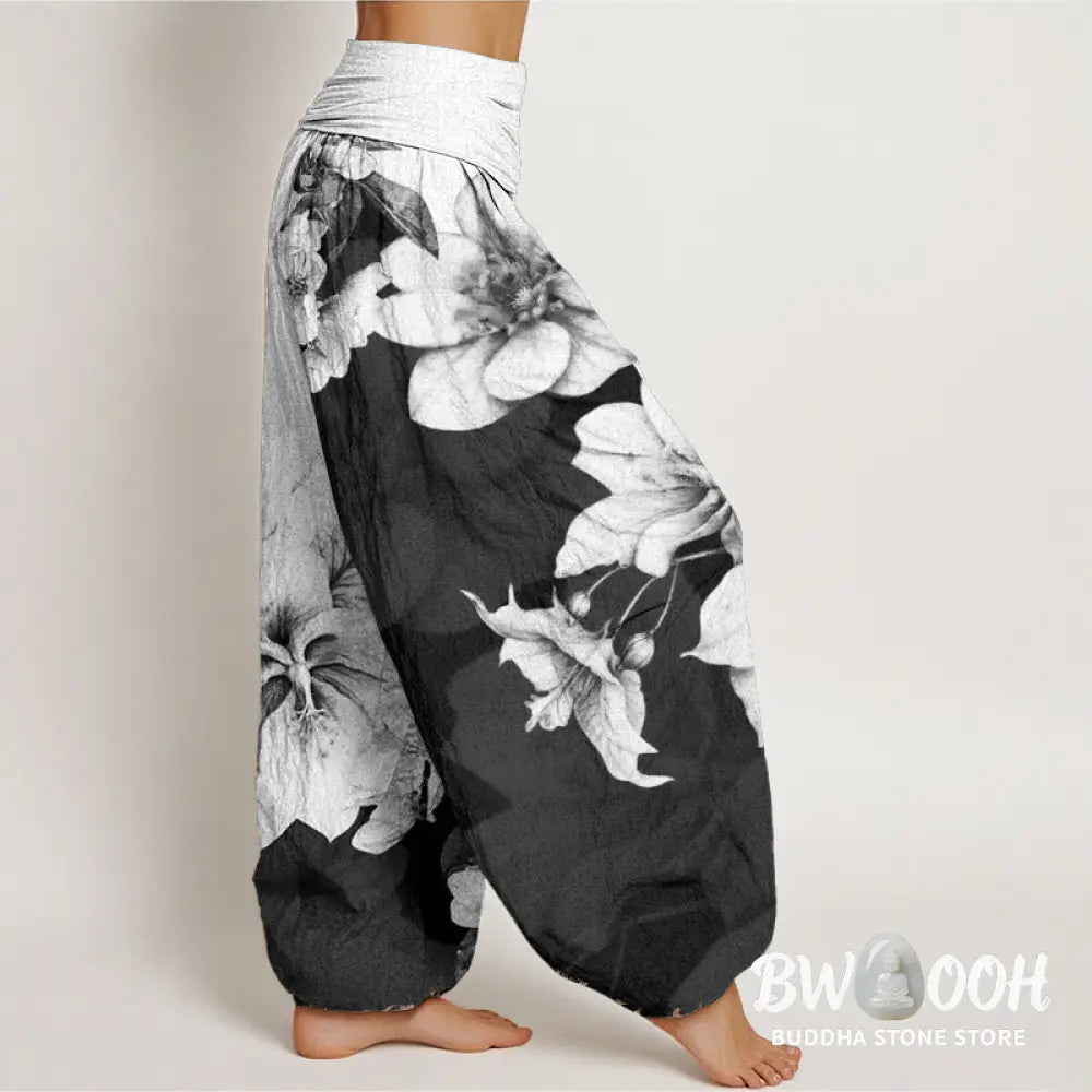 Buddha Stones Pure Cotton Camellia Pattern Women’s Elastic Waist Harem Pants - Women’s Harem Pants