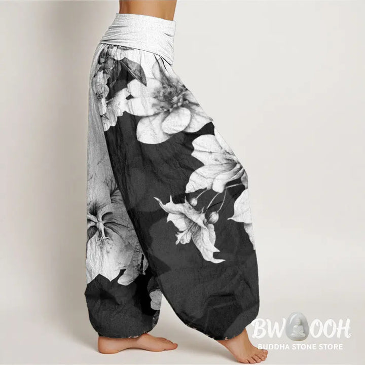 Buddha Stones Pure Cotton Camellia Pattern Women’s Elastic Waist Harem Pants - Women’s Harem Pants