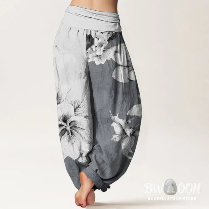 Buddha Stones Pure Cotton Camellia Pattern Women’s Elastic Waist Harem Pants - Women’s Harem Pants