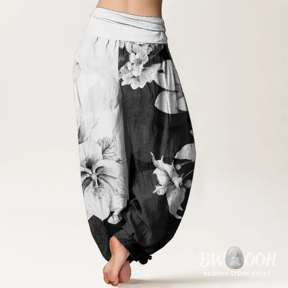 Buddha Stones Pure Cotton Camellia Pattern Women’s Elastic Waist Harem Pants - Women’s Harem Pants