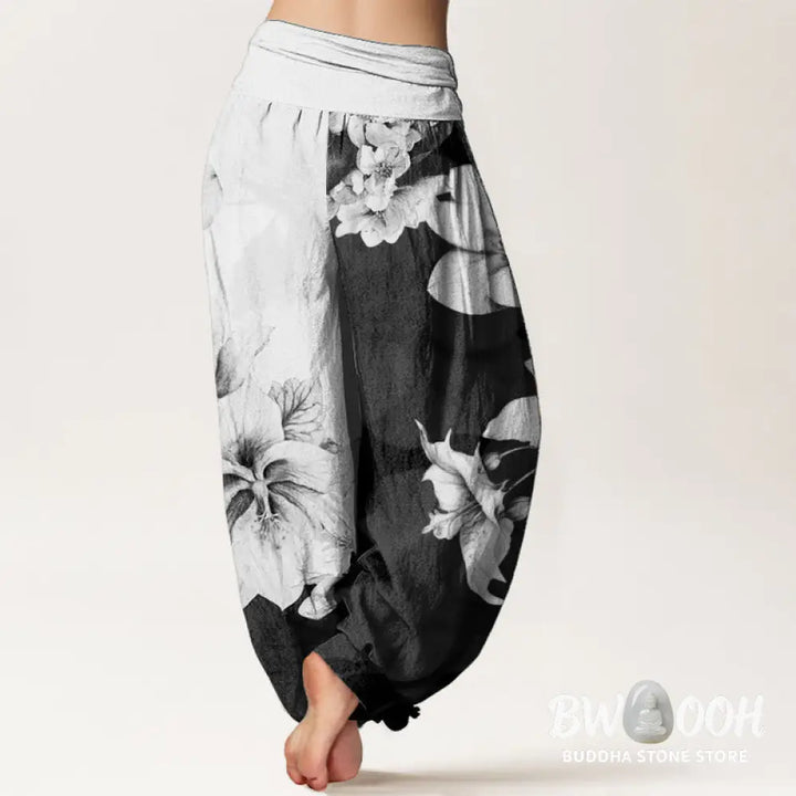 Buddha Stones Pure Cotton Camellia Pattern Women’s Elastic Waist Harem Pants - Women’s Harem Pants