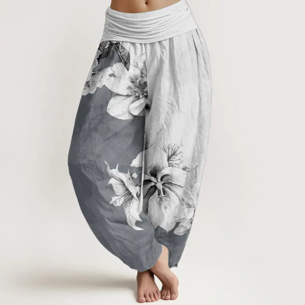 Buddha Stones Pure Cotton Camellia Pattern Women’s Elastic Waist Harem Pants - Gainsboro / US2，UK/AU6，EU34 (XS)