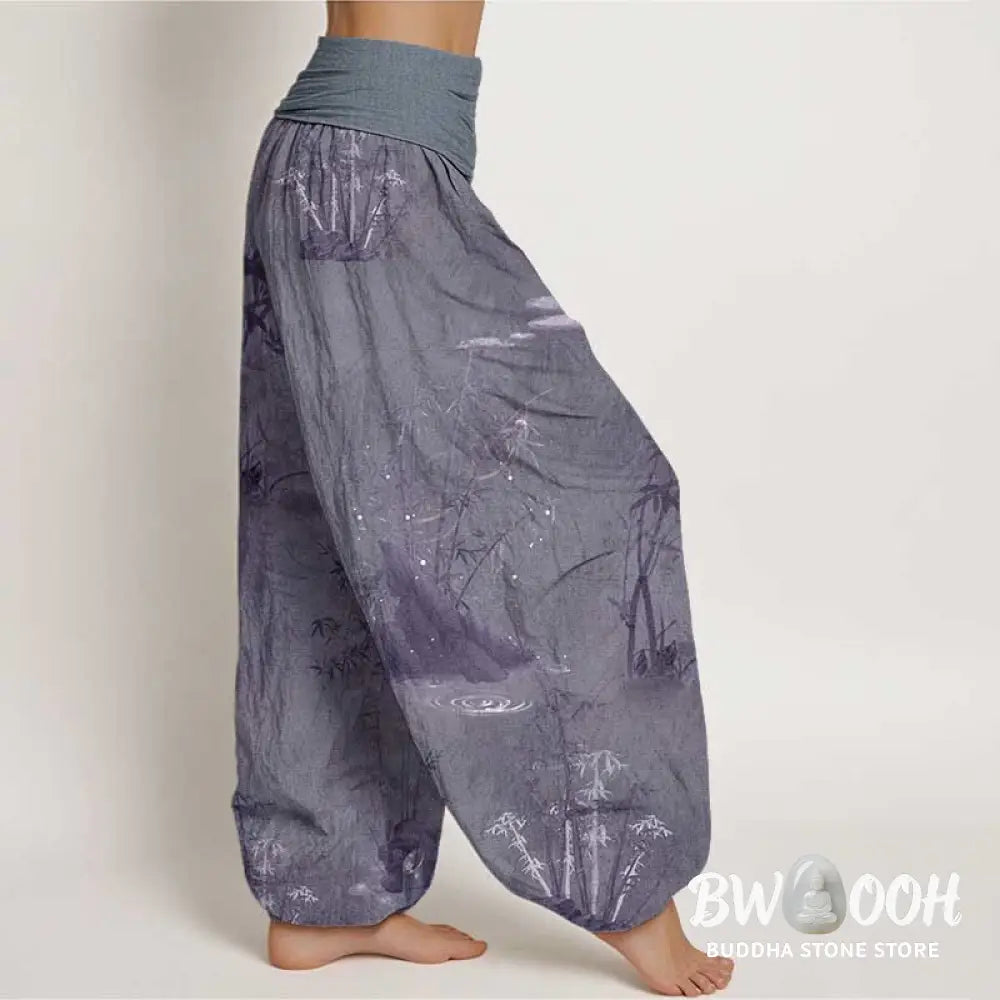 Buddha Stones Pure Cotton Casual Bamboo Rock Ink Painting Women’s Elastic Waist Harem Pants - Women’s Harem Pants