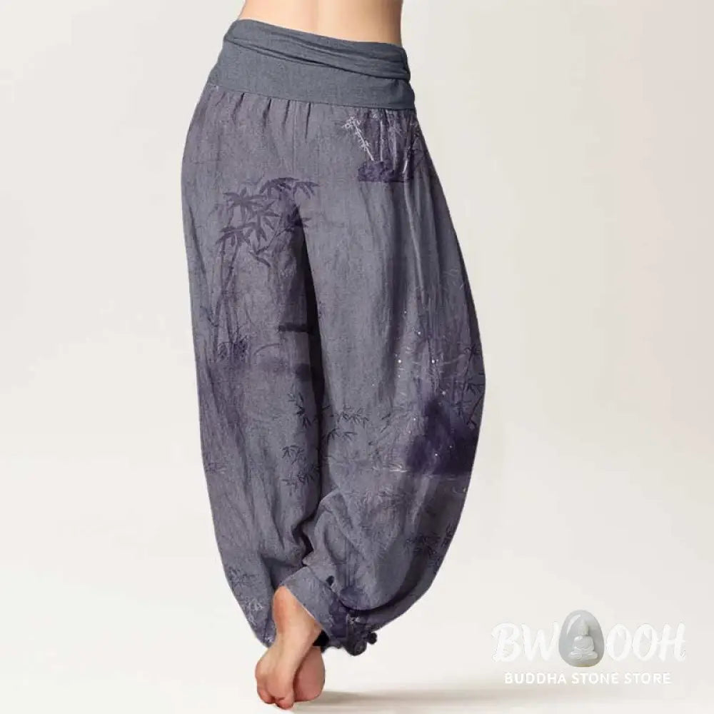 Buddha Stones Pure Cotton Casual Bamboo Rock Ink Painting Women’s Elastic Waist Harem Pants - Women’s Harem Pants