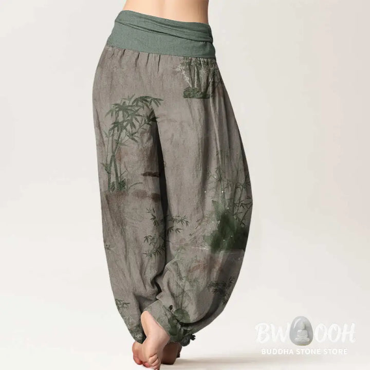 Buddha Stones Pure Cotton Casual Bamboo Rock Ink Painting Women’s Elastic Waist Harem Pants - Women’s Harem Pants