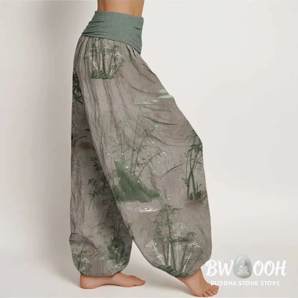 Buddha Stones Pure Cotton Casual Bamboo Rock Ink Painting Women’s Elastic Waist Harem Pants - Women’s Harem Pants