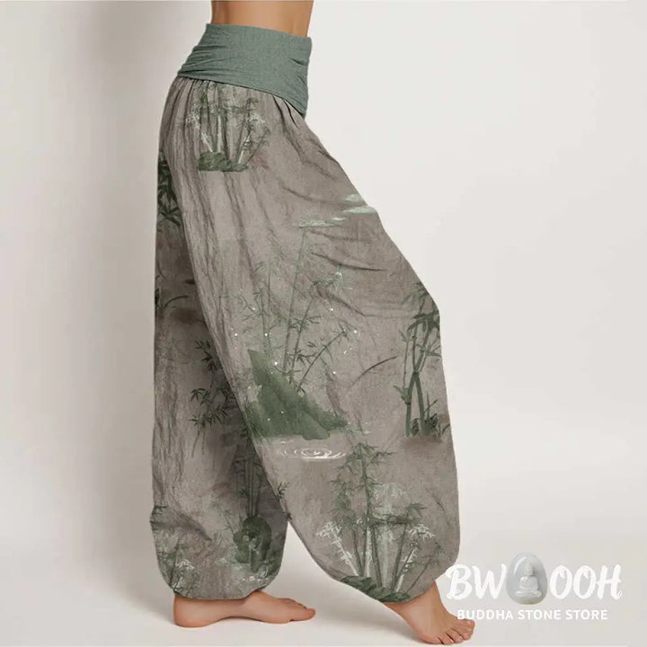 Buddha Stones Pure Cotton Casual Bamboo Rock Ink Painting Women’s Elastic Waist Harem Pants - Women’s Harem Pants