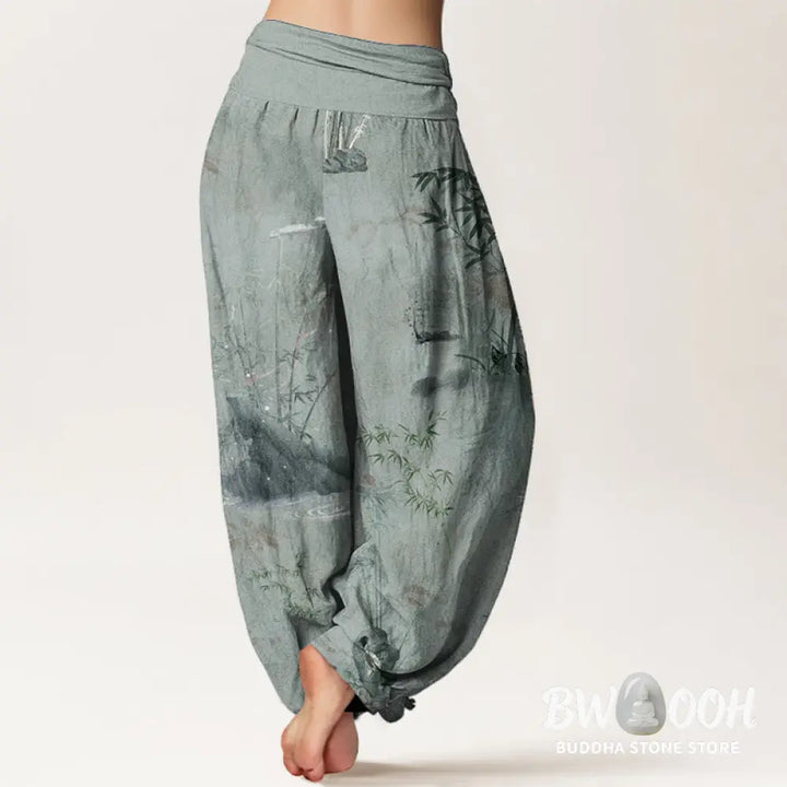 Buddha Stones Pure Cotton Casual Bamboo Rock Ink Painting Women’s Elastic Waist Harem Pants - Women’s Harem Pants