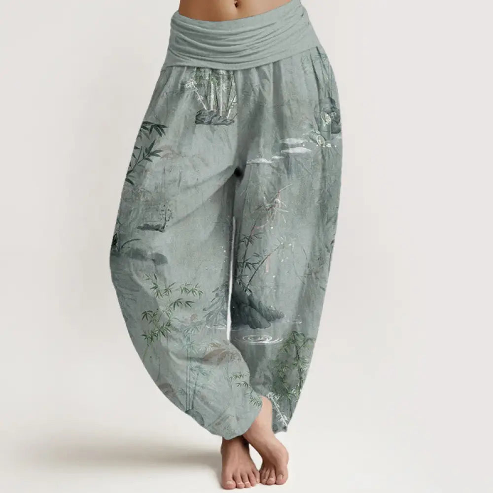 Buddha Stones Pure Cotton Casual Bamboo Rock Ink Painting Women’s Elastic Waist Harem Pants - DarkSeaGreen